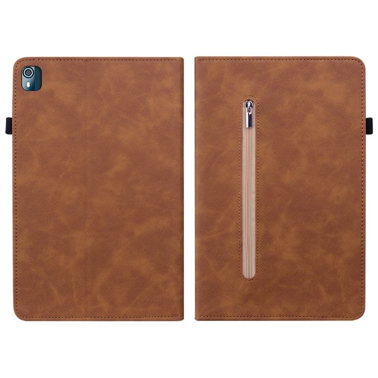For Nokia T10 Skin Feel Solid Color Zipper Leather Tablet Case
