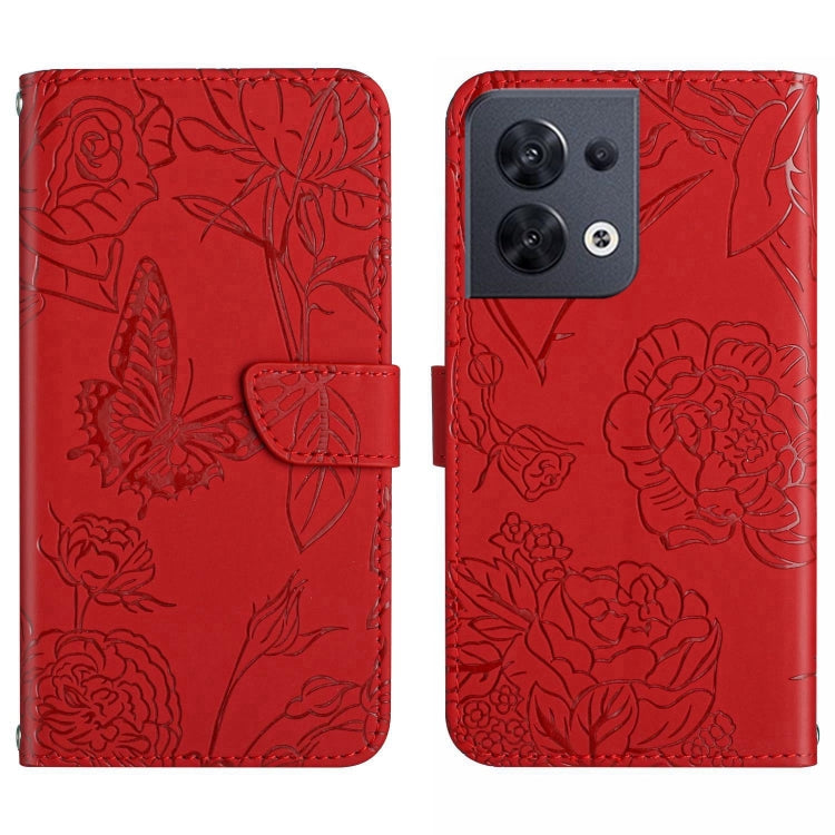 For OPPO Reno8 5G HT03 Skin Feel Butterfly Embossed Flip Leather Phone Case