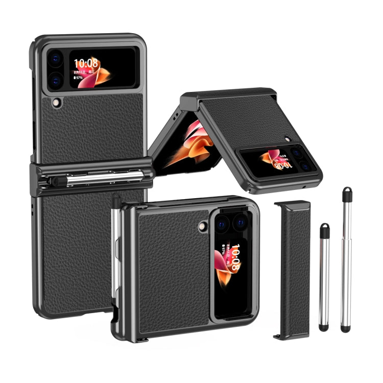 For Samsung Galaxy Z Flip4 Litchi Texture Leather Hinged Electroplated Phone Case with Pen