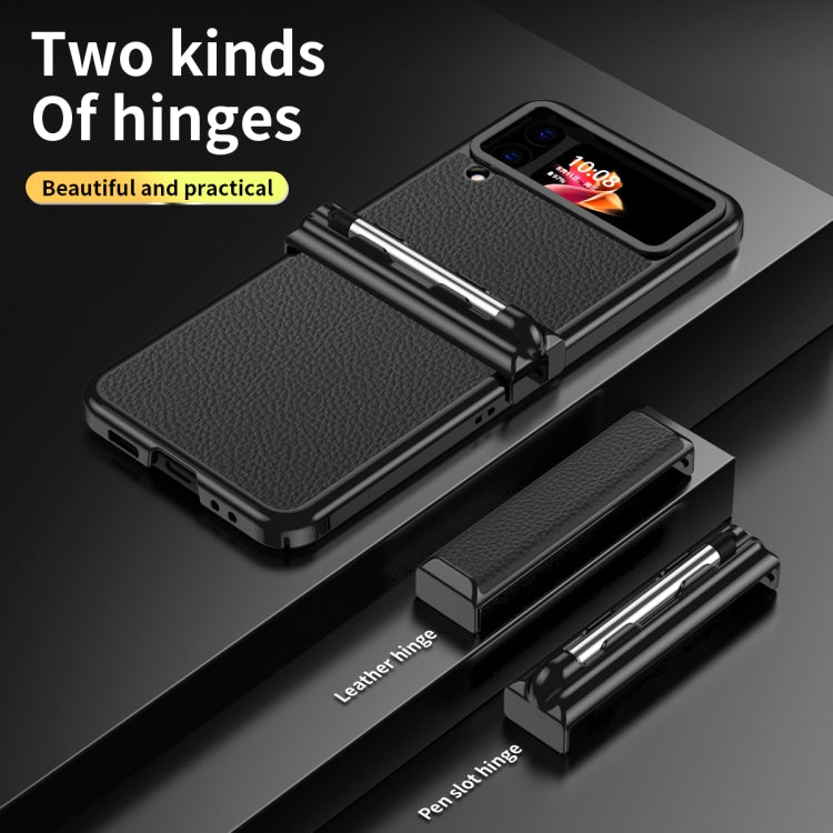 For Samsung Galaxy Z Flip4 Litchi Texture Leather Hinged Electroplated Phone Case with Pen