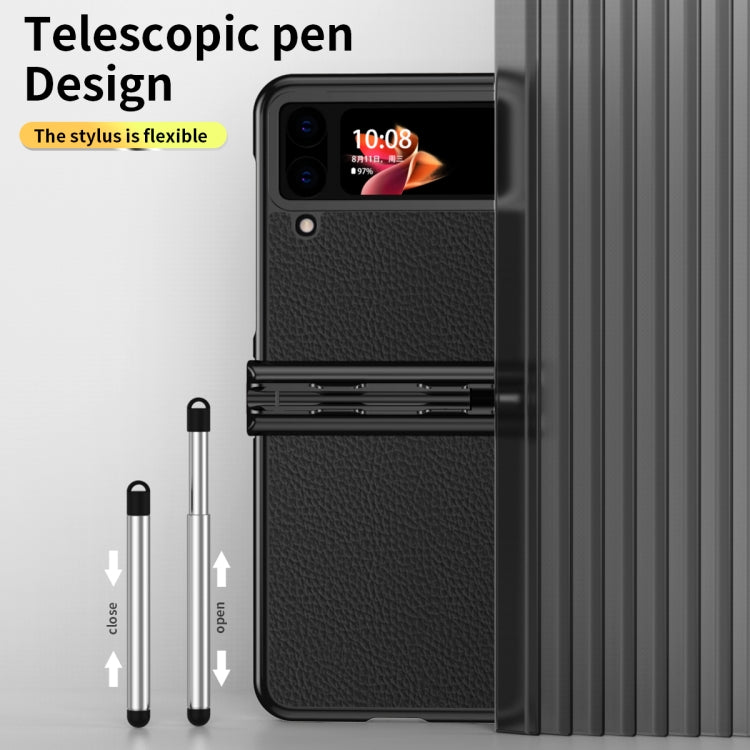For Samsung Galaxy Z Flip4 Litchi Texture Leather Hinged Electroplated Phone Case with Pen