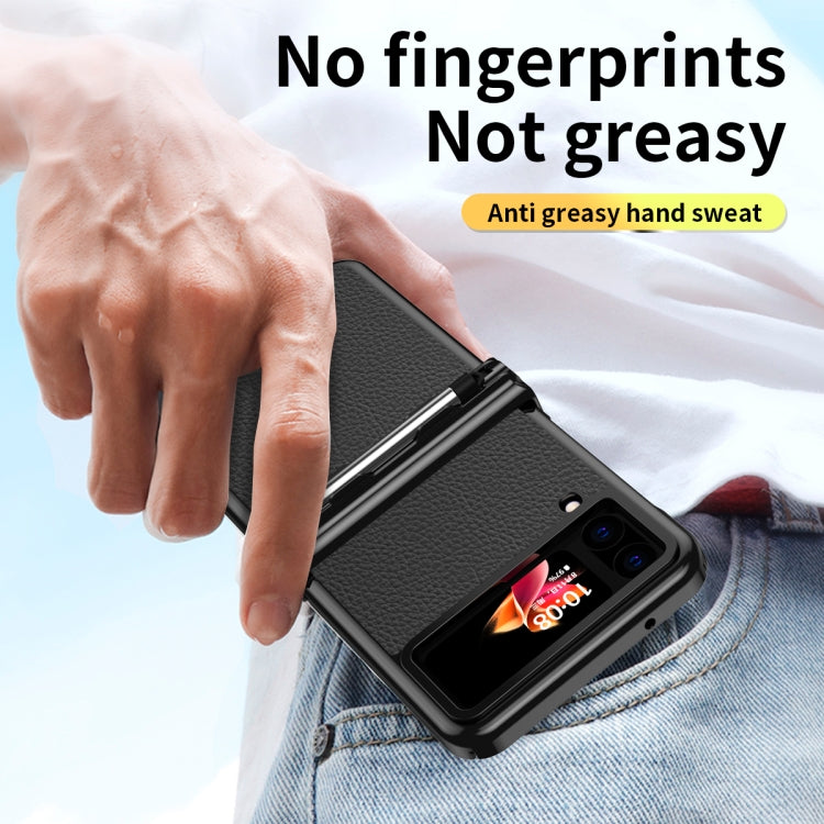 For Samsung Galaxy Z Flip4 Litchi Texture Leather Hinged Electroplated Phone Case with Pen