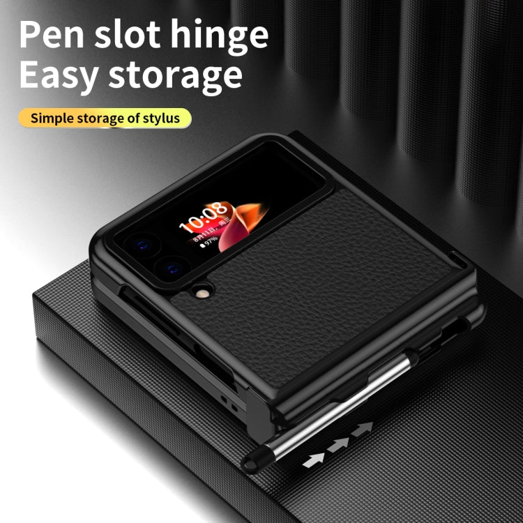 For Samsung Galaxy Z Flip4 Litchi Texture Leather Hinged Electroplated Phone Case with Pen