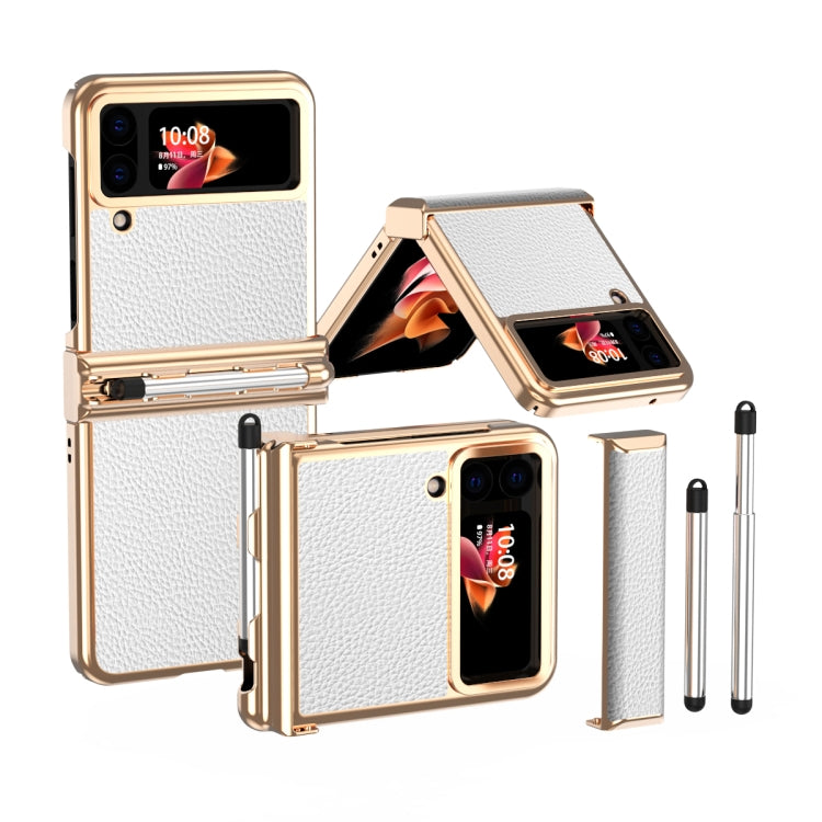 For Samsung Galaxy Z Flip4 Litchi Texture Leather Hinged Electroplated Phone Case with Pen