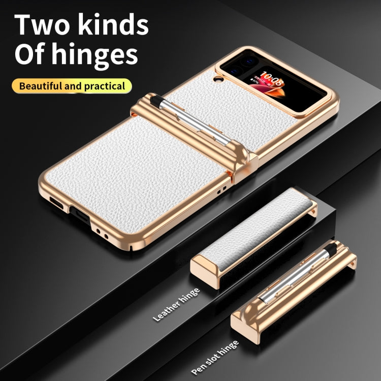 For Samsung Galaxy Z Flip4 Litchi Texture Leather Hinged Electroplated Phone Case with Pen