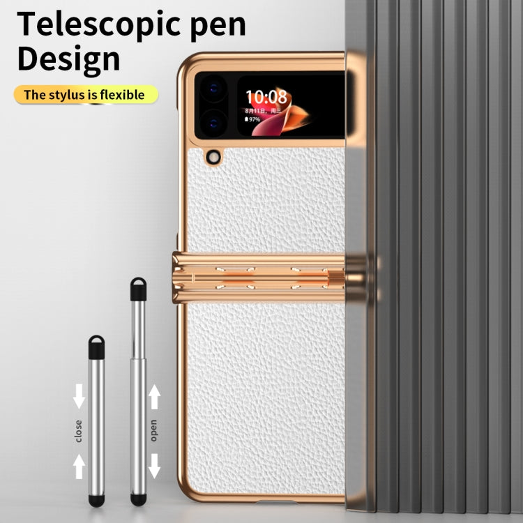 For Samsung Galaxy Z Flip4 Litchi Texture Leather Hinged Electroplated Phone Case with Pen