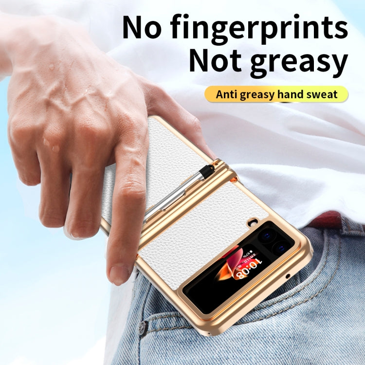For Samsung Galaxy Z Flip4 Litchi Texture Leather Hinged Electroplated Phone Case with Pen