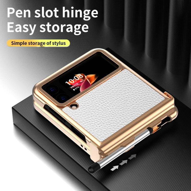 For Samsung Galaxy Z Flip4 Litchi Texture Leather Hinged Electroplated Phone Case with Pen