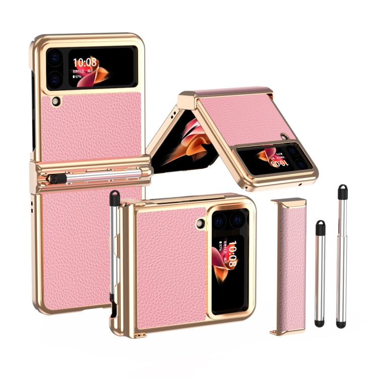For Samsung Galaxy Z Flip4 Litchi Texture Leather Hinged Electroplated Phone Case with Pen