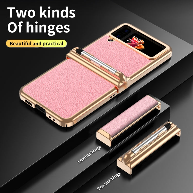 For Samsung Galaxy Z Flip4 Litchi Texture Leather Hinged Electroplated Phone Case with Pen