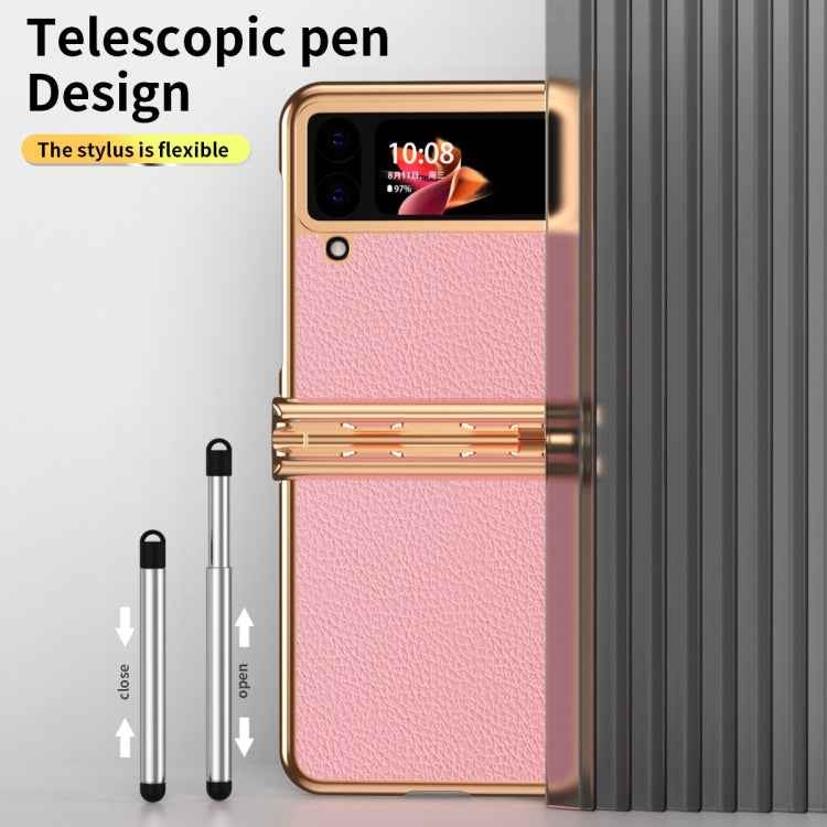 For Samsung Galaxy Z Flip4 Litchi Texture Leather Hinged Electroplated Phone Case with Pen