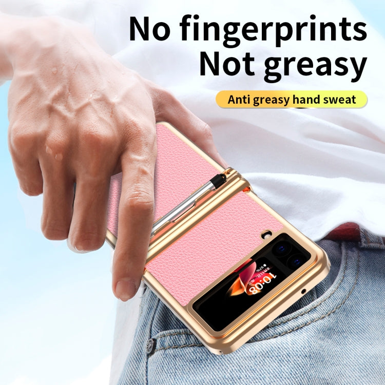 For Samsung Galaxy Z Flip4 Litchi Texture Leather Hinged Electroplated Phone Case with Pen