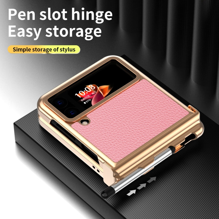 For Samsung Galaxy Z Flip4 Litchi Texture Leather Hinged Electroplated Phone Case with Pen