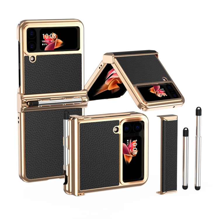 For Samsung Galaxy Z Flip4 Litchi Texture Leather Hinged Electroplated Phone Case with Pen