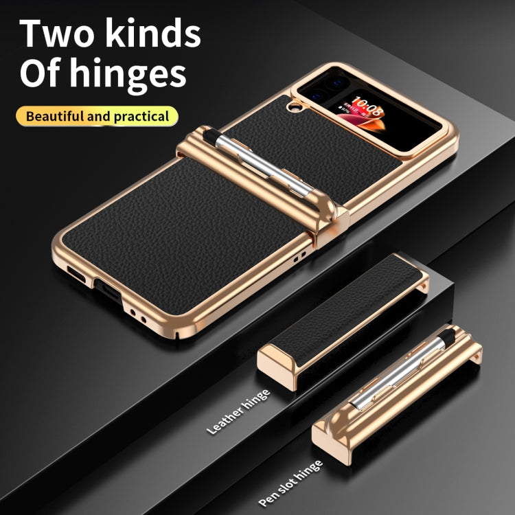 For Samsung Galaxy Z Flip4 Litchi Texture Leather Hinged Electroplated Phone Case with Pen