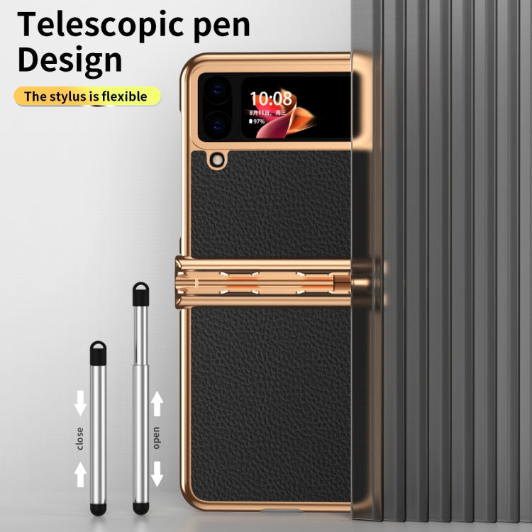 For Samsung Galaxy Z Flip4 Litchi Texture Leather Hinged Electroplated Phone Case with Pen
