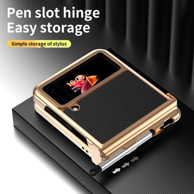 For Samsung Galaxy Z Flip4 Litchi Texture Leather Hinged Electroplated Phone Case with Pen