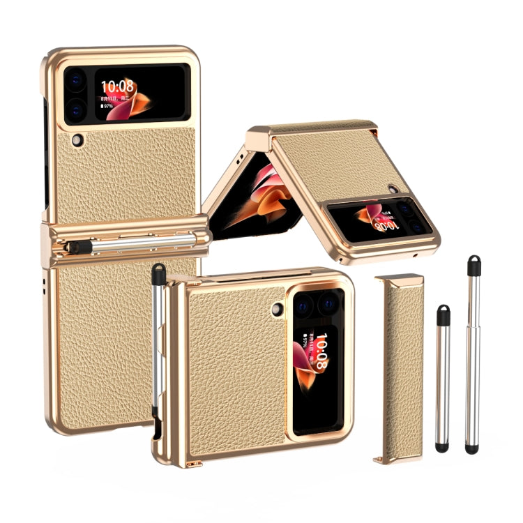 For Samsung Galaxy Z Flip4 Litchi Texture Leather Hinged Electroplated Phone Case with Pen
