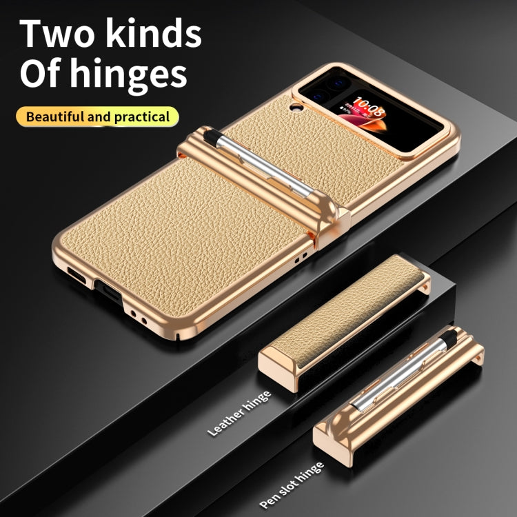 For Samsung Galaxy Z Flip4 Litchi Texture Leather Hinged Electroplated Phone Case with Pen