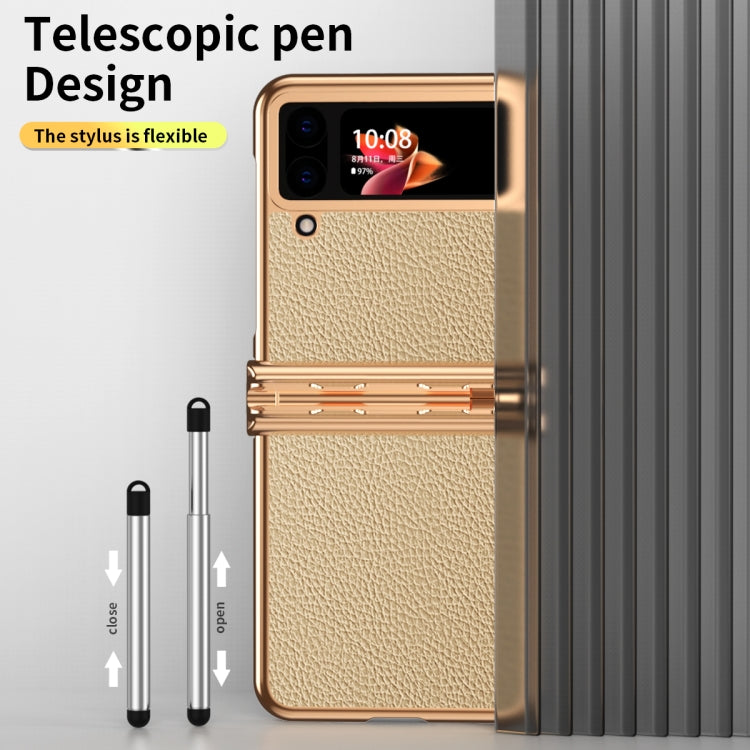 For Samsung Galaxy Z Flip4 Litchi Texture Leather Hinged Electroplated Phone Case with Pen