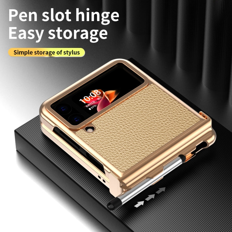For Samsung Galaxy Z Flip4 Litchi Texture Leather Hinged Electroplated Phone Case with Pen