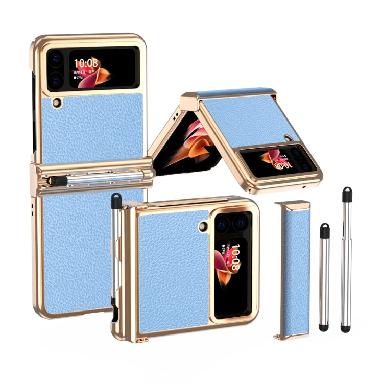 For Samsung Galaxy Z Flip4 Litchi Texture Leather Hinged Electroplated Phone Case with Pen