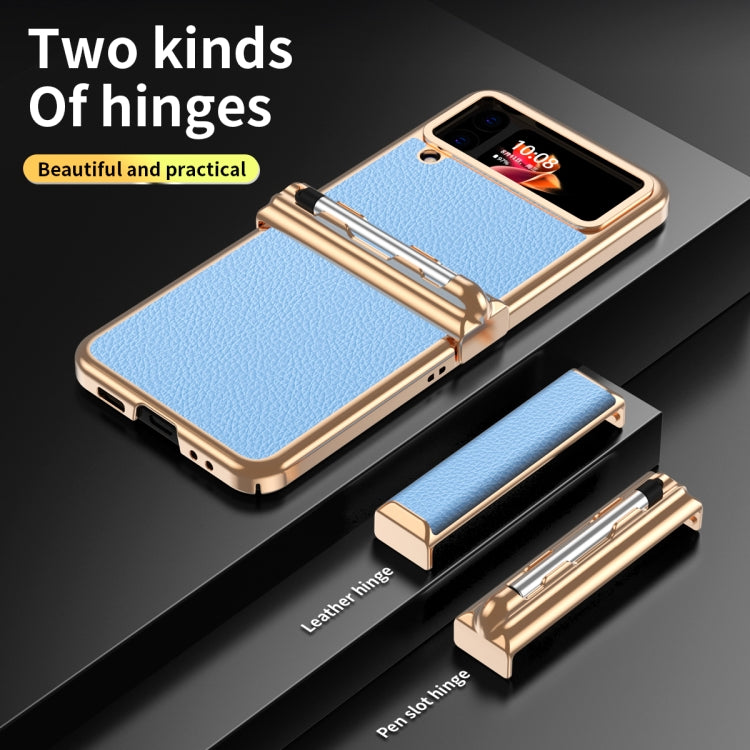 For Samsung Galaxy Z Flip4 Litchi Texture Leather Hinged Electroplated Phone Case with Pen