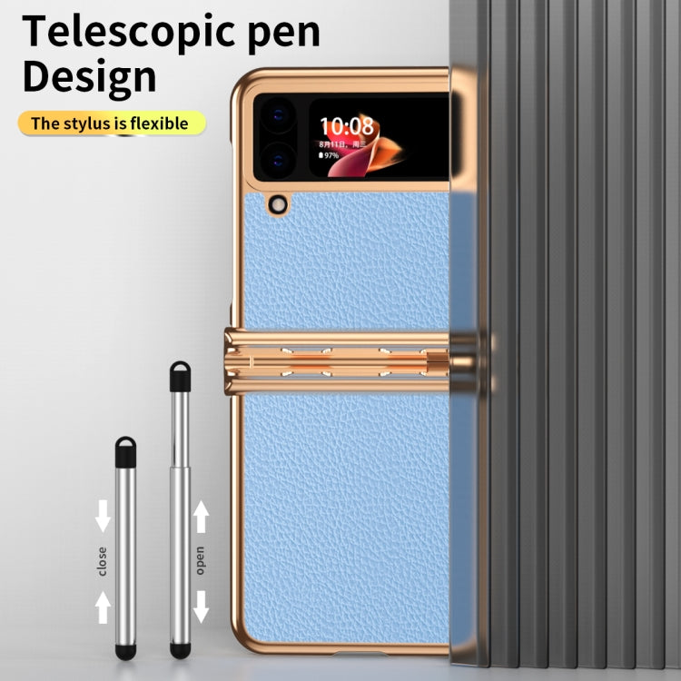 For Samsung Galaxy Z Flip4 Litchi Texture Leather Hinged Electroplated Phone Case with Pen