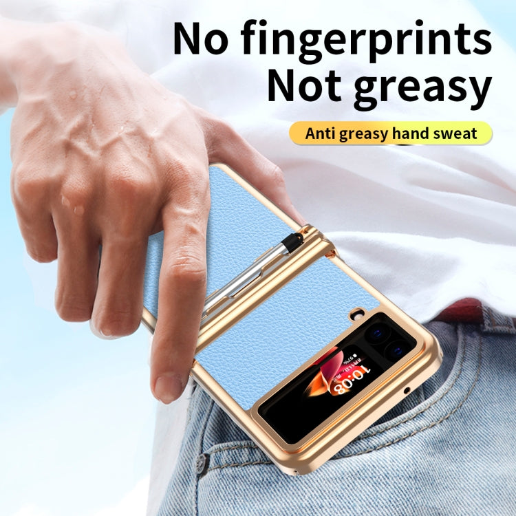 For Samsung Galaxy Z Flip4 Litchi Texture Leather Hinged Electroplated Phone Case with Pen