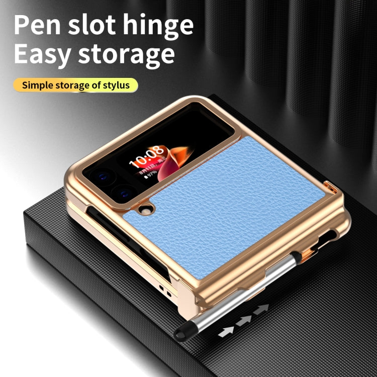 For Samsung Galaxy Z Flip4 Litchi Texture Leather Hinged Electroplated Phone Case with Pen