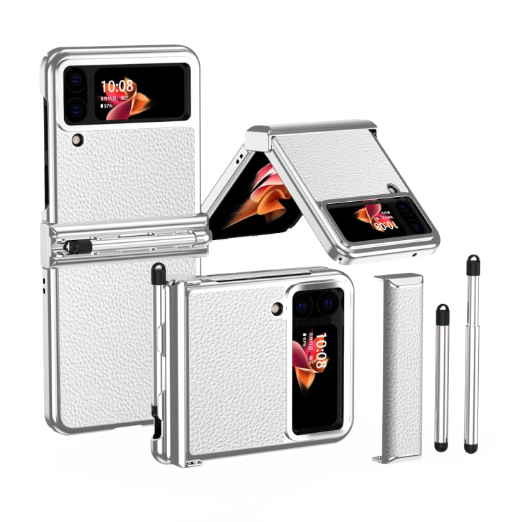 For Samsung Galaxy Z Flip4 Litchi Texture Leather Hinged Electroplated Phone Case with Pen