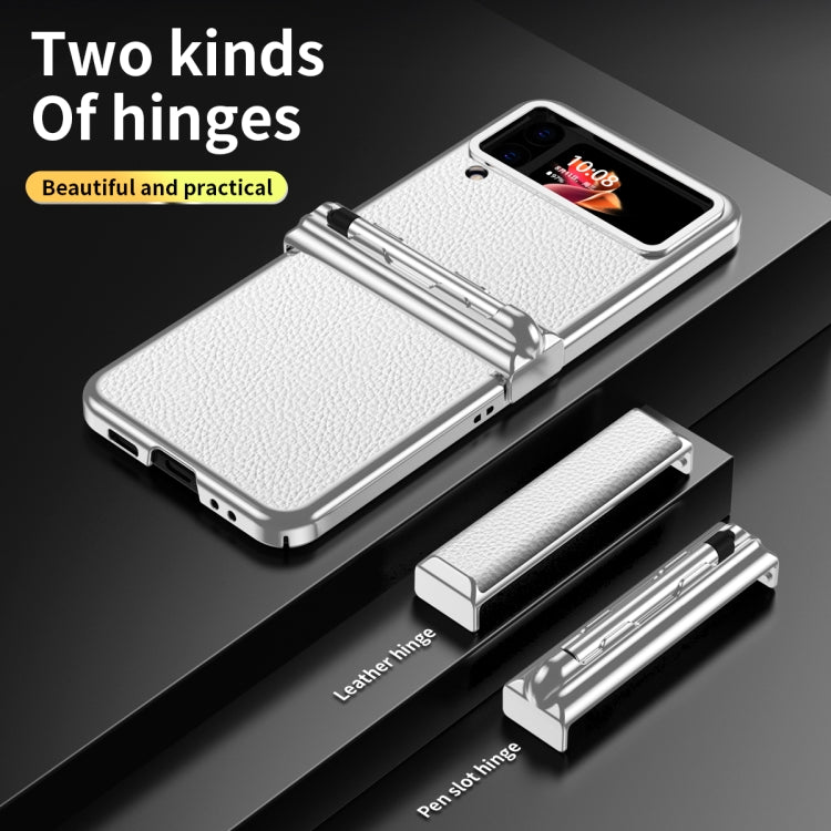 For Samsung Galaxy Z Flip4 Litchi Texture Leather Hinged Electroplated Phone Case with Pen