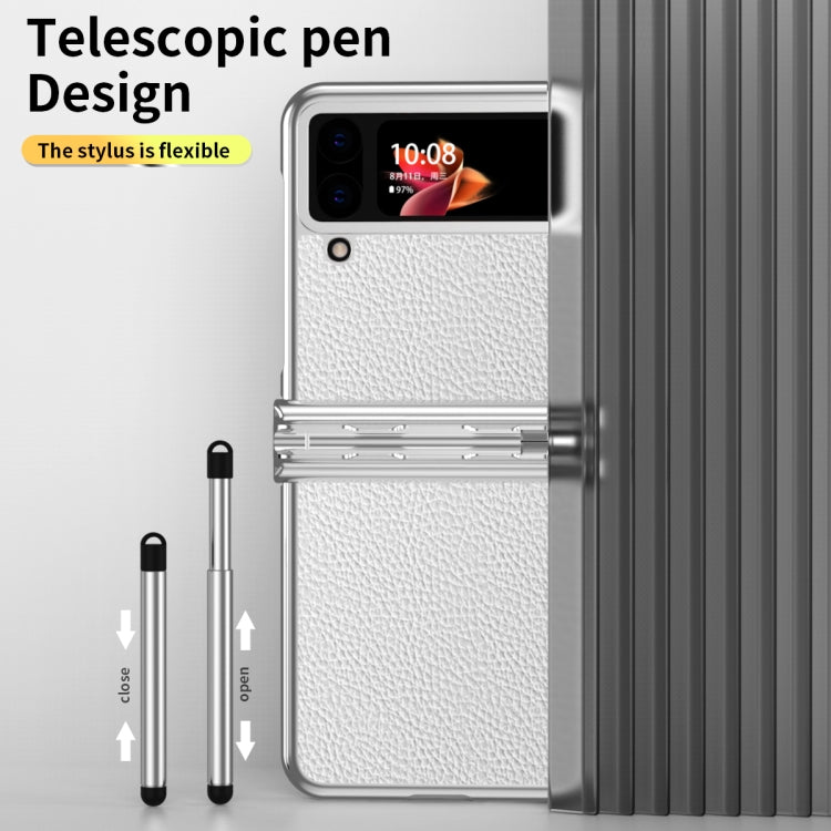 For Samsung Galaxy Z Flip4 Litchi Texture Leather Hinged Electroplated Phone Case with Pen
