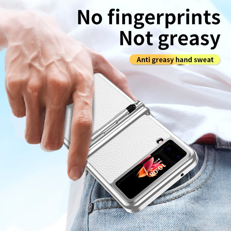 For Samsung Galaxy Z Flip4 Litchi Texture Leather Hinged Electroplated Phone Case with Pen