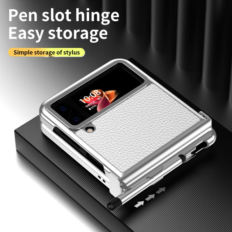 For Samsung Galaxy Z Flip4 Litchi Texture Leather Hinged Electroplated Phone Case with Pen
