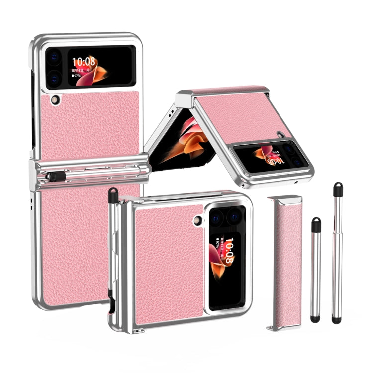 For Samsung Galaxy Z Flip4 Litchi Texture Leather Hinged Electroplated Phone Case with Pen