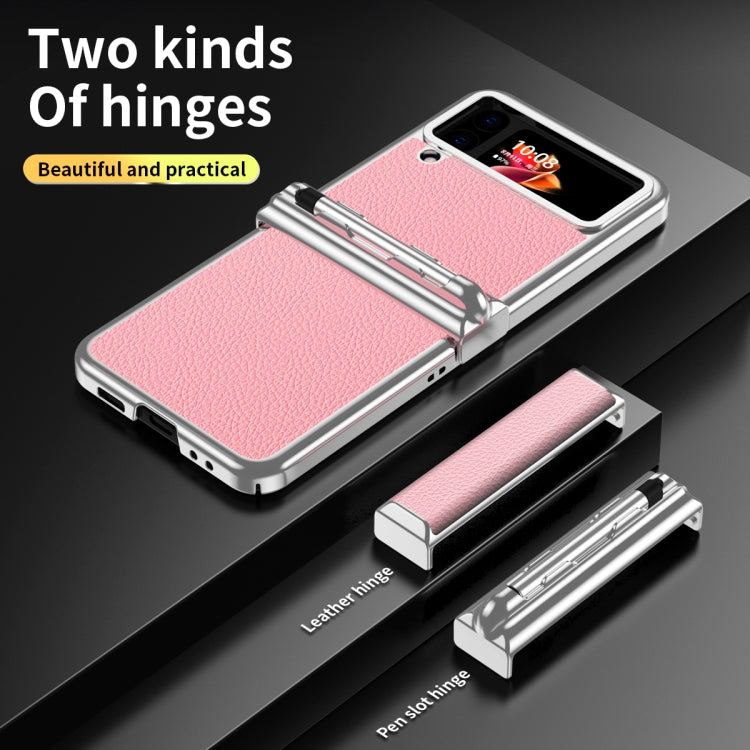 For Samsung Galaxy Z Flip4 Litchi Texture Leather Hinged Electroplated Phone Case with Pen