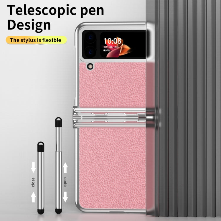 For Samsung Galaxy Z Flip4 Litchi Texture Leather Hinged Electroplated Phone Case with Pen
