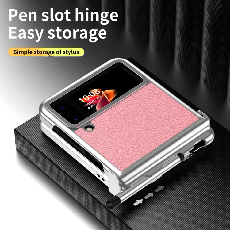 For Samsung Galaxy Z Flip4 Litchi Texture Leather Hinged Electroplated Phone Case with Pen