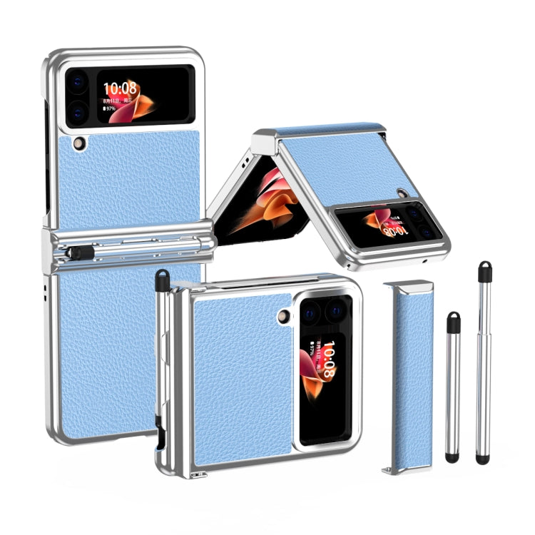 For Samsung Galaxy Z Flip4 Litchi Texture Leather Hinged Electroplated Phone Case with Pen