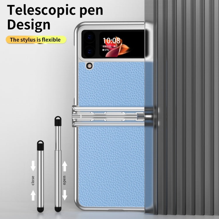 For Samsung Galaxy Z Flip4 Litchi Texture Leather Hinged Electroplated Phone Case with Pen