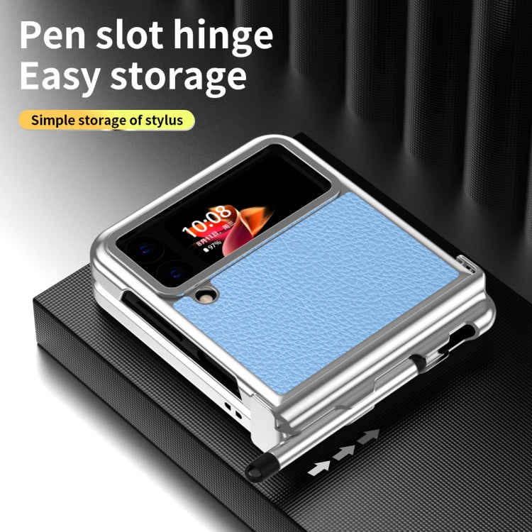 For Samsung Galaxy Z Flip4 Litchi Texture Leather Hinged Electroplated Phone Case with Pen