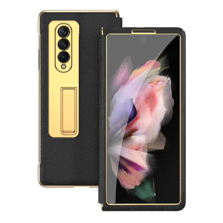 For Samsung Galaxy Z Fold3 5G Cross Texture Integrated Electroplating Hinge Flip Phone Case with Tempered Film