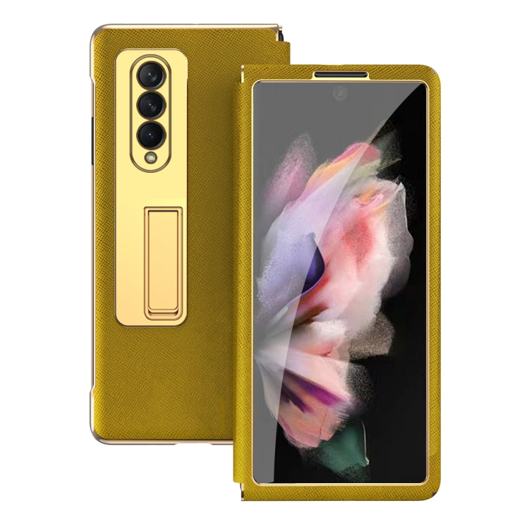 For Samsung Galaxy Z Fold3 5G Cross Texture Integrated Electroplating Hinge Flip Phone Case with Tempered Film