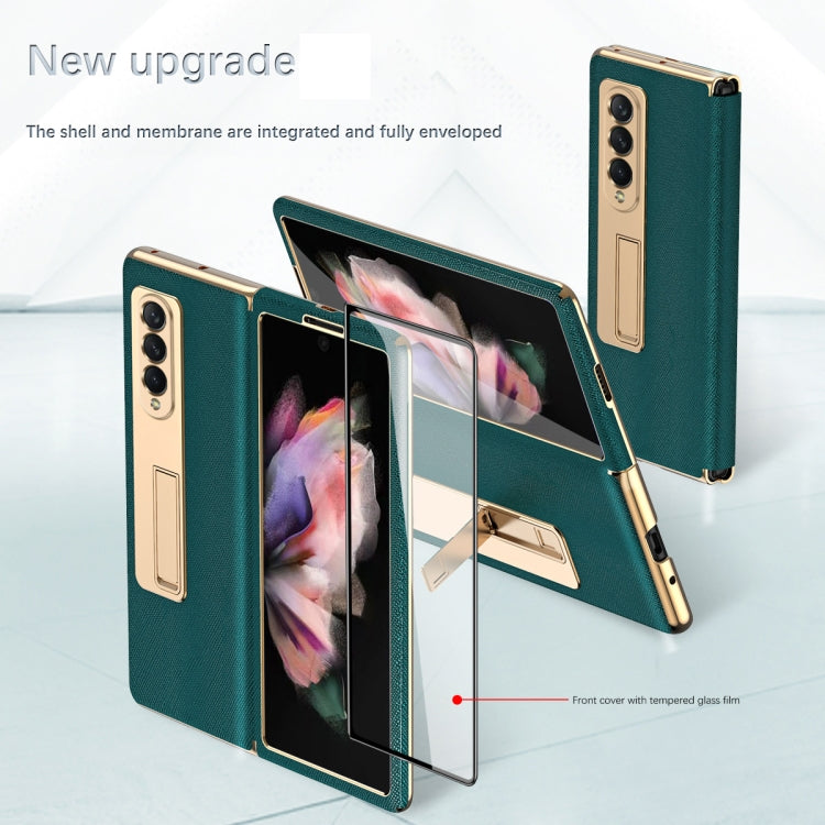 For Samsung Galaxy Z Fold3 5G Cross Texture Integrated Electroplating Hinge Flip Phone Case with Tempered Film