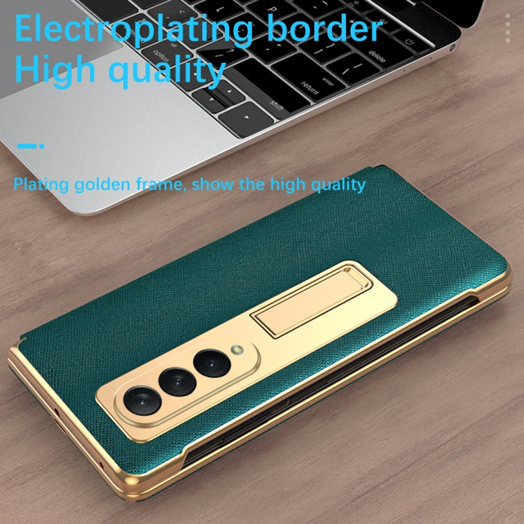 For Samsung Galaxy Z Fold3 5G Cross Texture Integrated Electroplating Hinge Flip Phone Case with Tempered Film