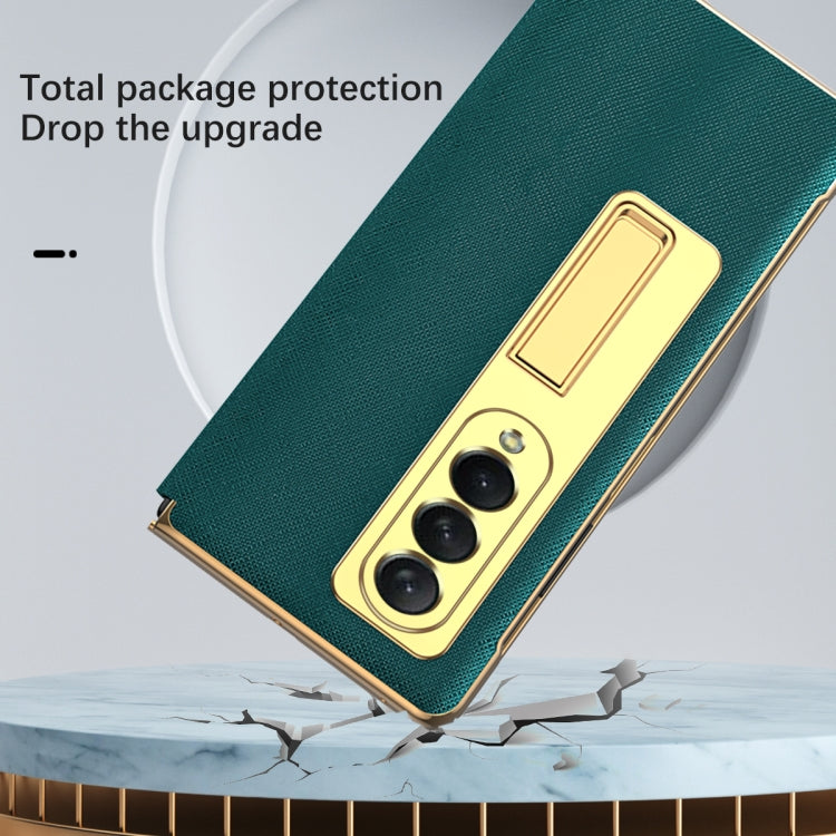For Samsung Galaxy Z Fold3 5G Cross Texture Integrated Electroplating Hinge Flip Phone Case with Tempered Film