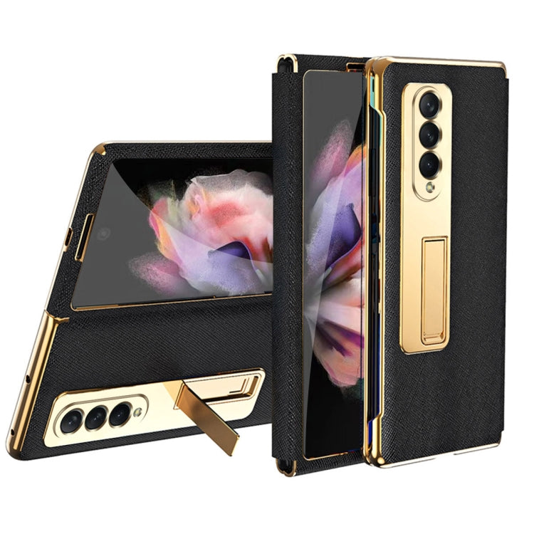 For Samsung Galaxy Z Fold4 Cross Texture Integrated Electroplating Hinge Flip Phone Case with Tempered Film