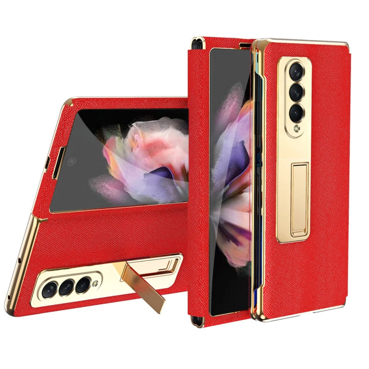 For Samsung Galaxy Z Fold4 Cross Texture Integrated Electroplating Hinge Flip Phone Case with Tempered Film