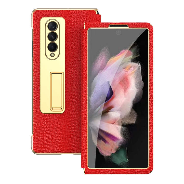 For Samsung Galaxy Z Fold4 Cross Texture Integrated Electroplating Hinge Flip Phone Case with Tempered Film